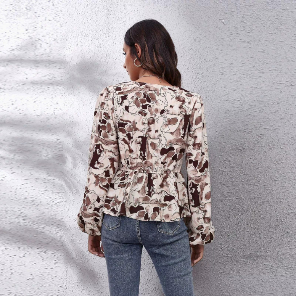 ZARA Womens Tie Dye Chiffon Lantern Sleeve Long Sleeve Cinched Waist Blouse